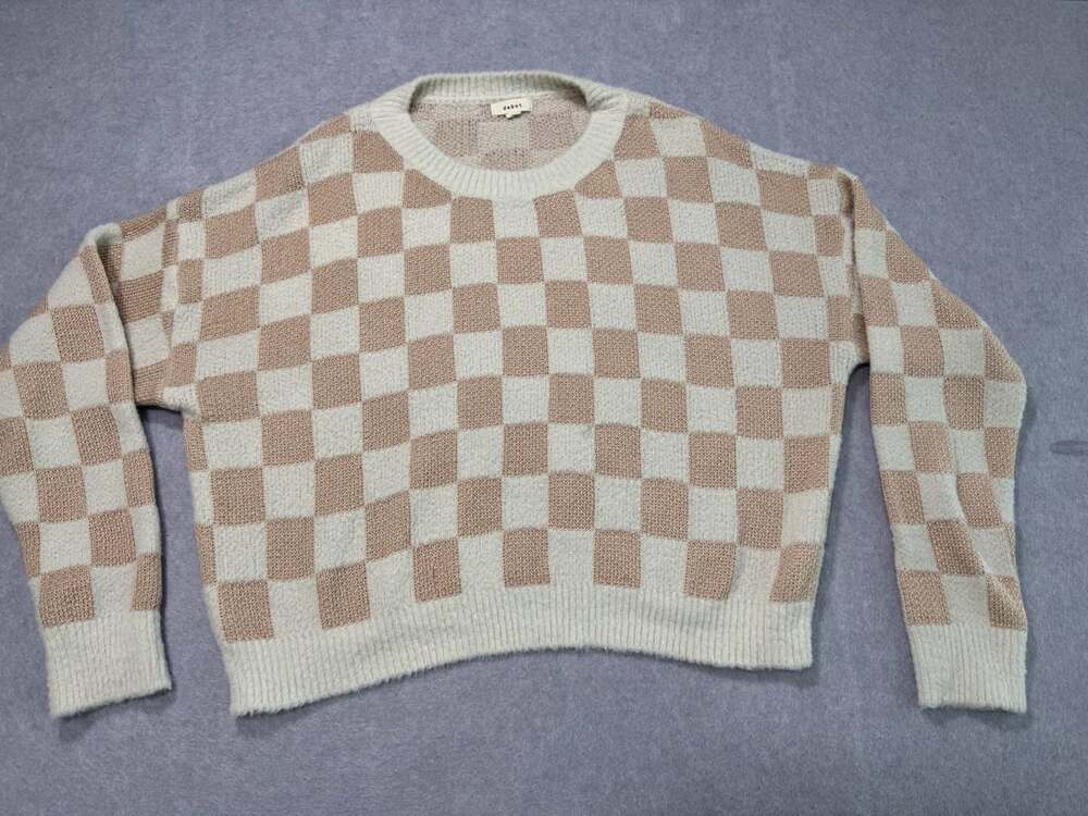 Debut Checkered Sweater Size S Beige Brown Long Sleeve Crewneck